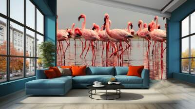 Wild african birds. Group birds of pink african flamingos  walking around the blue lagoon on a sunny day Wall mural