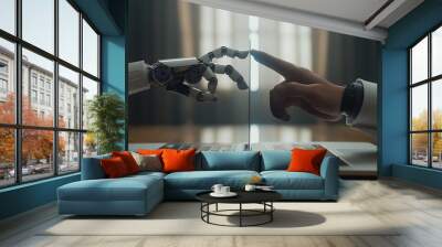 Laptop on center split into 2 parts robot hand in left side and businessman hand in right side. Future technology concept. Wall mural