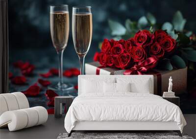 A lavish bouquet of deep burgundy roses, accompanied by two refined champagne flutes, a silver gift box adorned with a burgundy ribbon, and scattered rose petals. Wall mural