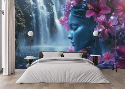 Digital art of an ethereal female figure with blue skin, seamlessly blending with nature, her body flowing into hibiscus flowers blooming from her side. Wall mural