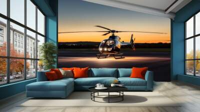 Luxury luxurious business helicopter private heli chopper on landing pad fast transportation success journey rich wealth corporate flight fly flying sky ground horizon sun clouds landing style stylish Wall mural