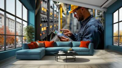 Male technician using a tablet to beautifully read the meter for the home's energy bill automation. Wall mural