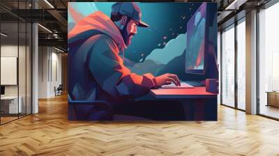 Man sitting in front of computer on desk with hat on. Generative AI. Wall mural