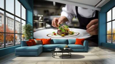 Master chef cook man hands precisely cooking dressing preparing tasty fresh delicious mouthwatering gourmet dish food on plate to customers 5-star michelin restaurant kitchen close-up detailed artwork Wall mural