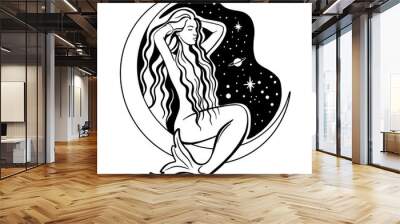 Mermaid sitting on the moon. Celestial Gir Mysterious portrait lady with moon in her hair. Vector hand drawn illustration in boho style, black and white line art Wall mural