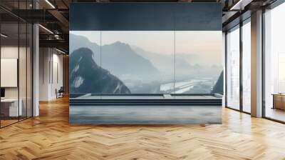 Modern gallery interior with windows with the background of foggy mountains in China, as well as an empty mockup space. Concept for a museum or show. Wall mural