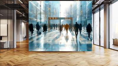 Modern mall office environment crowds of people going to work exposition groups of businesspeople in modern tech park business advancements meeting sun shining through huge windows architectural park Wall mural