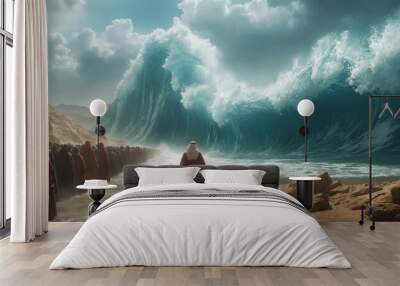 Moses parting the Red Sea with towering walls of water on either side. Bible Old Testament. Wall mural