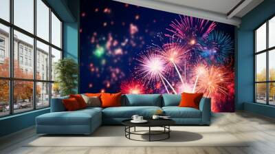 Multi colored fireworks salute new year 2024 magic night bright light effects show illuminated holiday celebrate december sky fire bang flash sparkle burst pyrotechnics atmospheric christmas explosion Wall mural