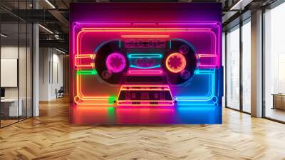 Neon cassette. Nostalgia of the 90s. Audio cassette for listening to music. Wall mural