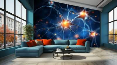 Neuron cells neural network under microscope neuro research science brain signal information transfer human neurology mind mental impulse biology anatomy microbiology intelligence connection system Wall mural