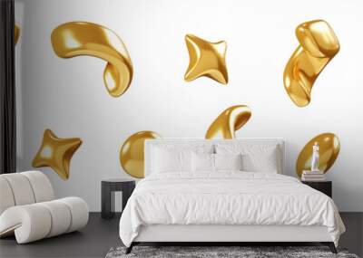 Birthday party popper golden confetti streamer element. 3d render illustration set of surprise or winner congratulation gold serpentine ribbon. Fly and float party decor after explosion of firecracker Wall mural