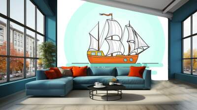 Color ship with white sails in the sea. Traveling banner with sailboat on waves. Abstract skyline. Flat line art. Vector illustration. Concept for trip, tourism, travel agency, hotels, vacation card. Wall mural