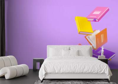 Flying closed and open books with bright hardcover on purple banner. Cartoon 3d render illustration of soar paper literature for school education and library concept. Floating brochure for bookstore. Wall mural