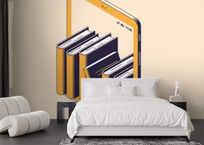 online reading or education isometric vector illustration - stack of paper books standing inside of  Wall mural