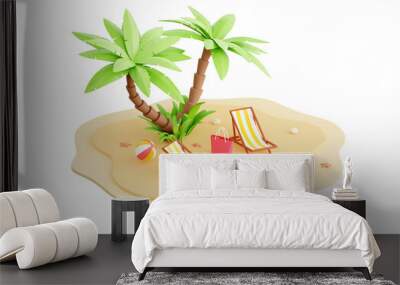 summer beach vacation 3d render - cartoon tropical sandy island with palm trees and elements for coa Wall mural