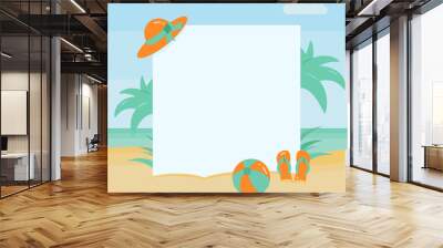 Summer beach vacation banners with holiday accessories on sand with palm trees near water and big paper for copy space. Wall mural