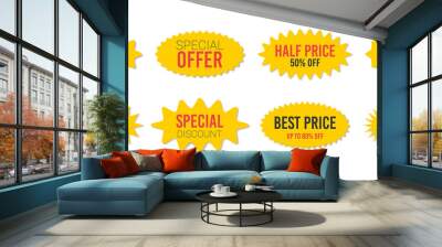 Yellow sale starburst sticker set - oval labels and badges with stared edges and best offer and discount signs. Wall mural