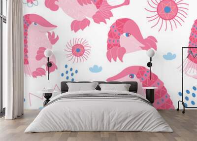 Pattern with Pink Fairy Armadillo or Chlamyphorus truncatus. Unique Animals.  Wall mural