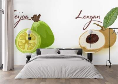 Exotic delicious fresh fruits in row fig, feijoa, longan, papaya. Natural healthy products, organic food. Best for vegetarian, vegan cuisine. Cartoon vector set isolated on white background. Wall mural