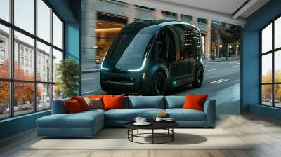 photo of a self-driving electric cargo van zipping through city streets, showcasing the future of urban express delivery services. Wall mural