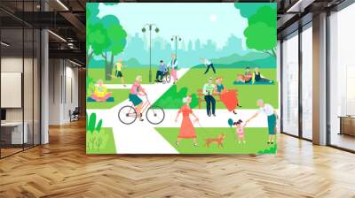 Physical activity of older people in the park. Walking, running, playing with a grandson, cycling, dog walking, yoga, reading a book, gymnastics. The concept of a healthy lifestyle outdoors. Wall mural