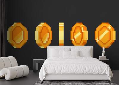 Pixel gold coin animation for 16 bit retro game. Vector golden pixelated coins. Illustration of money 8 bit. Wall mural