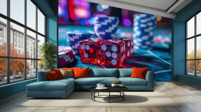 Players engage in a lively game with vibrant chips and dice on the casino table, surrounded by colorful lights Wall mural