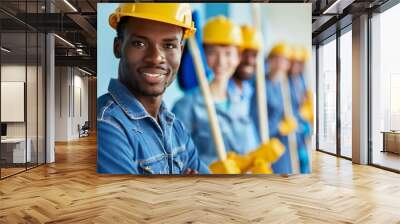 Portrait of a diverse team of professional cleaners proudly holding mops against a clean white background. Wall mural