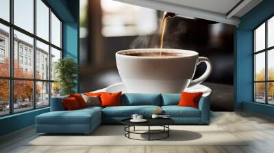 Pouring coffee streaming fresh white cup of hot aroma cappuccino americano espresso latte steam smoke on table morning breakfast drinking tasty drink flowing stream cafeteria cafe restaurant caffeine Wall mural