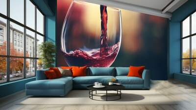 Pouring red wine to glass party restaurant bar gourmet celebration luxury taste splashing grape alcohol expensive drink bordeaux chateu cabernet bottle refreshment toned drops bubbles french wineglass Wall mural