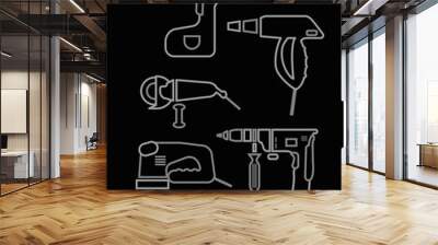 power tools icons set. Vector outline illustration on a black background. Wall mural