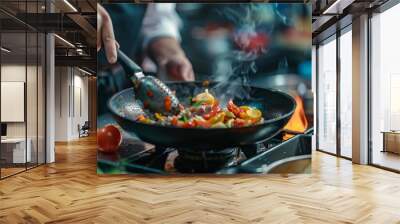 Professional chef cooking gourmet meal in kitchen eatery Wall mural