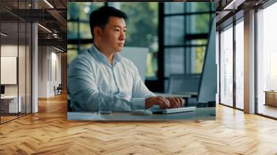 Professional male worker asian korean man successful businessman programmer specialist sit at office desk work with computer software program freelance online job business commerce typing on keyboard Wall mural