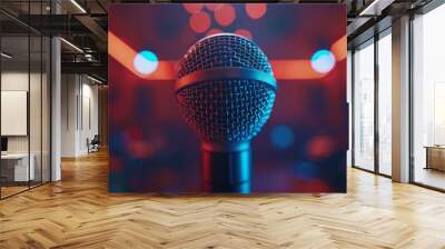 Professional microphone studio podcast stream interview platform radio with micrecording voice singing in bright record studio audio quality equipment content music media entertainment Wall mural