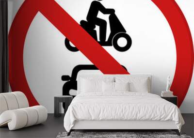 Red Sign All Motor Vehicles Prohibited. Warning Road Sign. Car and Person Riding Motorcycle. Vector Icon Wall mural