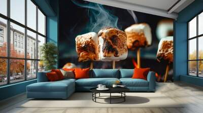 Roasting marshmallows on sticks over fire. Close-up view. Picnic outdoors. Created with Generative AI technology. Wall mural