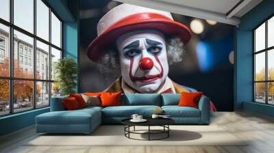 Sad clown exhausted circus jester joker emotions unhappy depressed performer. Carnival man sadness depression melancholic face expression make-up worried person costume dressed actor backstage circus Wall mural