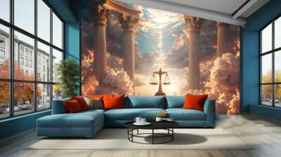 Scales of Justice on the backdrop of divine clouds and columns Wall mural