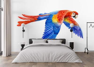 Scarlet macaw, Ara macao, South American parrot in flight isolated on white background. Realistic watercolor. Illustrated. Template. Clip art. Wall mural