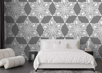 seamless symmetrical white floral pattern on a gray background, texture, design Wall mural