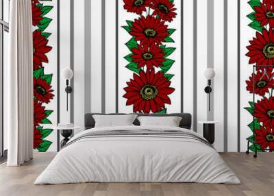 seamless vertical pattern of stripes and red flowers, texture, background Wall mural