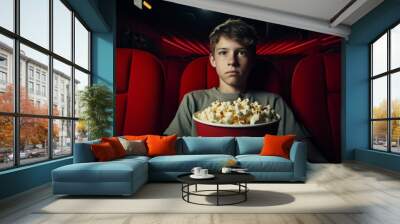 Serious scared Caucasian European teenager boy male pupil schoolboy teen guy son child holding popcorn horror watching movie snack sit in empty cinema hall sitting alone watch film tv holiday weekend Wall mural