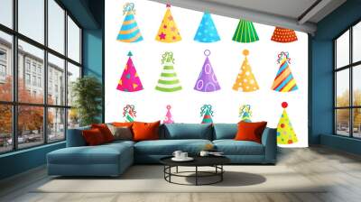 Set of Birthday party hats isolated on white background. Vector party cones with cute decoration. Christmas caps collection. Wall mural