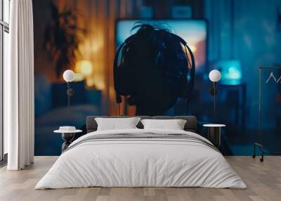 Silhouette of a person wearing headphones and gaming in a dimly lit room. Ideal for themes of online gaming, streaming, and digital entertainment in modern settings. Wall mural