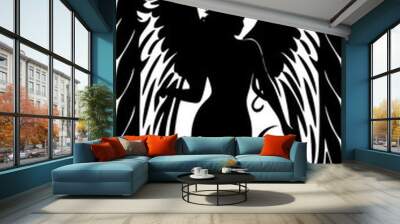 simple black graphic drawing of woman silhouette with wings, logo, tattoo Wall mural