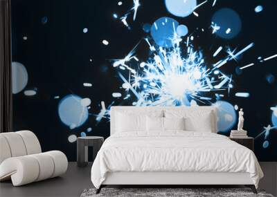 Sparklers on bokeh background. New Year, Christmas, holiday, Thanksgiving, birthday. Surprise, fireworks. Fresh classic Pantone 2020 in blue. Color concept of the year. Wall mural