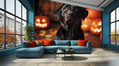 halloween glowing pumpkin labrador black big dog black labrador looking at camera blurred background autumn indoors outdoor Wall mural