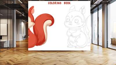 Coloring book of cute happy little funny squirrel. Coloring page of cute autumn forest animal isolated on white background. Flat vector illustration. Wall mural