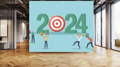 Team business goals for new year 2024, brainstorming to develop strategy or plan to achieve financial goals, cooperation for success, results in new year, men with darts near 2024 with board for darts Wall mural